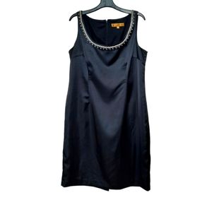 NIPÓN Satin Sheath Dress Pearl Rhinestone Collar LBD Sophisticate Black 14